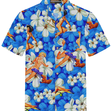 Blaues Kurzarmhemd mit Knopfleiste und buntem Pin-up-Blumenmuster