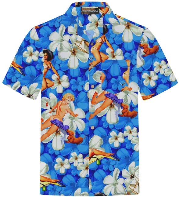 Blaues Kurzarmhemd mit Knopfleiste und buntem Pin-up-Blumenmuster