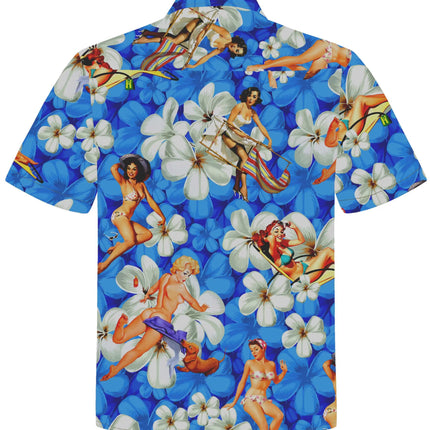 Blaues Kurzarmhemd mit Knopfleiste und buntem Pin-up- und Blumenmuster