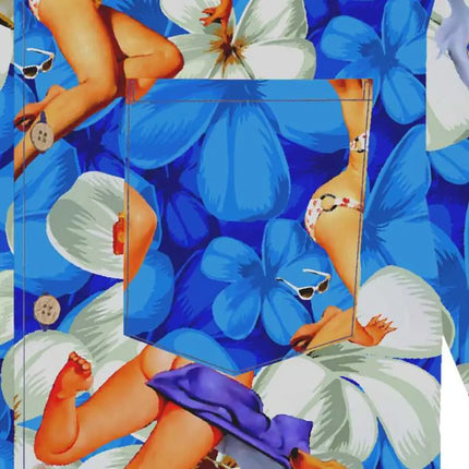 Blaues Kurzarmhemd mit Kragen und Pin-up-Blumenmuster, Vorderansicht