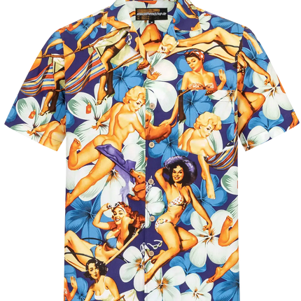 Kurzarmhemd mit buntem Flower-Girls-Print auf dunkelblauer Basis, Kragen und Knopfleiste