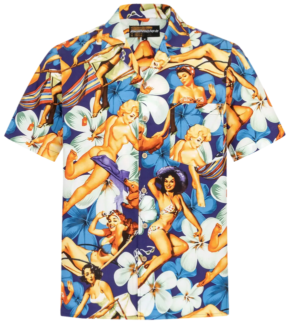 Kurzarmhemd mit buntem Flower-Girls-Print auf dunkelblauer Basis, Kragen und Knopfleiste
