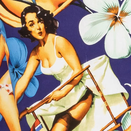 Nahaufnahme des Flower-Girls-Prints: Frau mit Staffelei und Tropenblättern