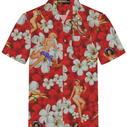 Rotes Kurzarm-Hemd mit Knopfleiste, Pin-up-Druck und großen weißen Blumen