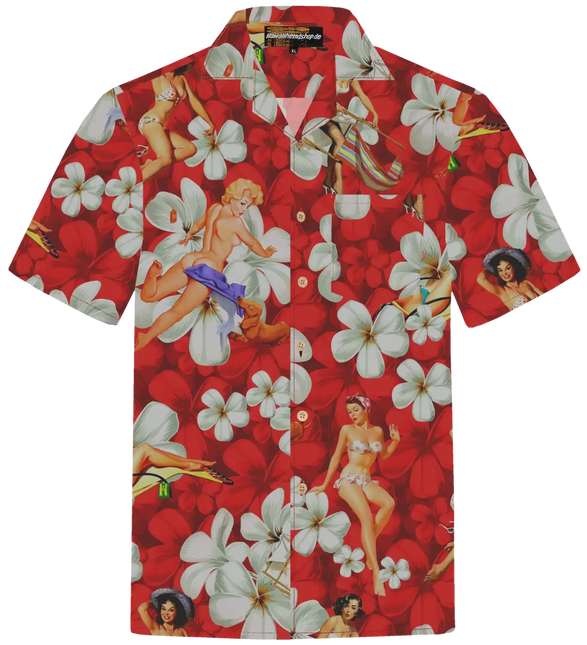 Rotes Kurzarm-Hemd mit Knopfleiste, Pin-up-Druck und großen weißen Blumen
