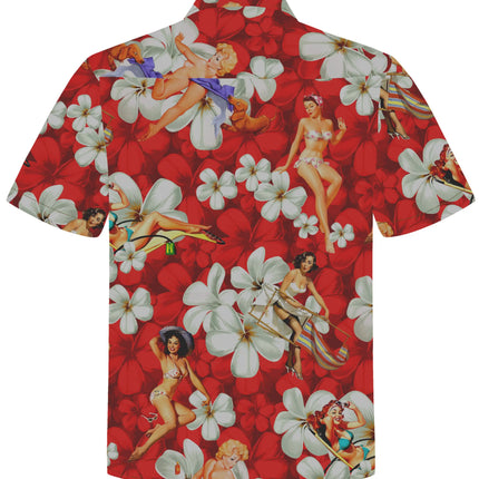 Rotes Kurzarmhemd mit weitem Kragen, Knöpfen und Pin-up- sowie Blumenmotiv
