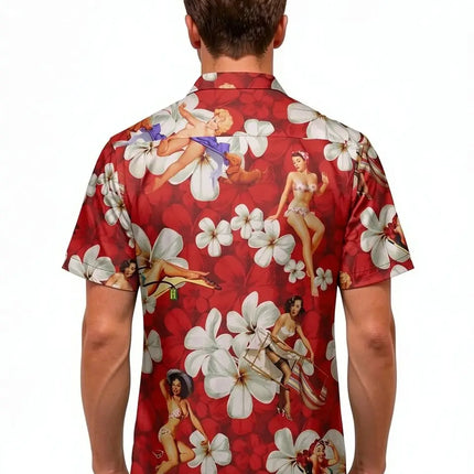 Rotes Hemd von hinten mit Knopfleiste, großen weißen Blumen und Pin-up-Druck