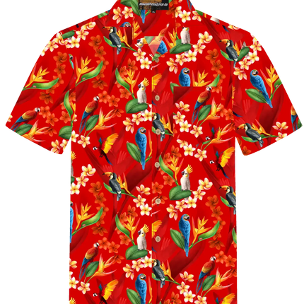Camicia da uomo a maniche corte, fondo rosso, abbottonatura, motivi colorati di pappagalli e fiori