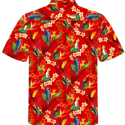 Camicia da uomo a maniche corte, design rosso con fantasia continua di pappagalli e fiori