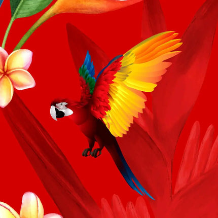 Dettaglio: pappagallo con ali gialle e blu su tessuto rosso a fiori