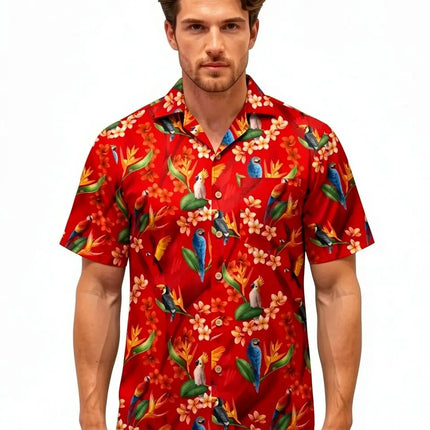 Camicia da uomo con design rosso a pappagalli e fiori, a maniche corte, con colletto e abbottonatura