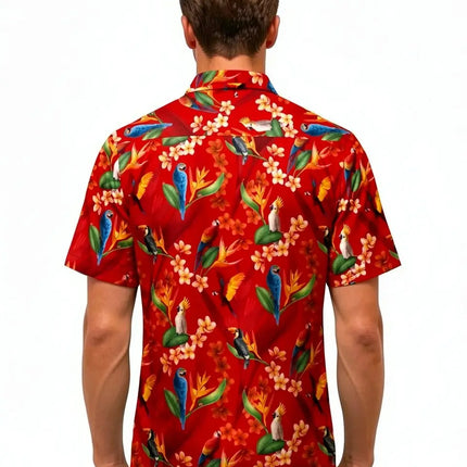 Camicia da uomo, vista posteriore: fantasia all-over rossa di pappagalli e fiori, a maniche corte con colletto