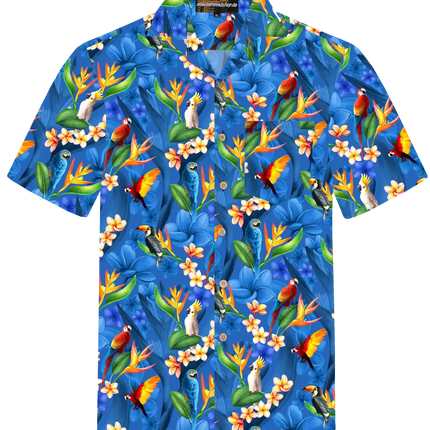 Kurzarmhemd mit Papageien- und Blütenmotiv auf blauem Stoff