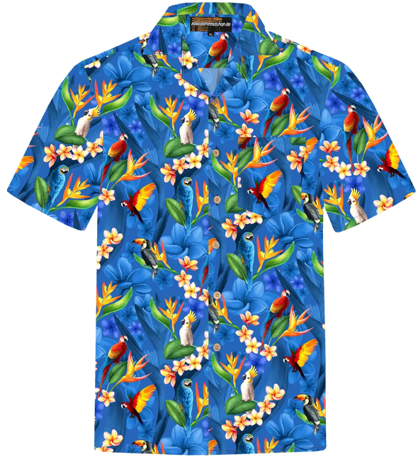Kurzarmhemd mit Papageien- und Blütenmotiv auf blauem Stoff