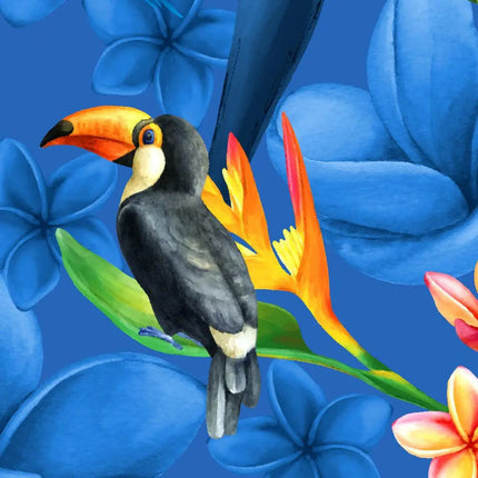 Detail Stoffmuster: schwarzer Tukanschschwanzvogel auf blauem Hintergrund