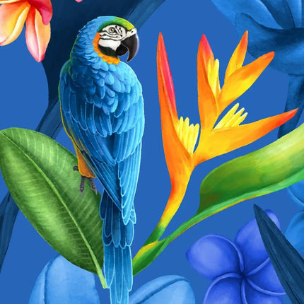 Detail Stoffmuster: blauer Papagei mit gelb-orangen Blüten