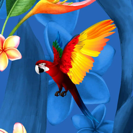 Detail Stoffmuster: roter Ara mit gelb-orangenen Flügeln und Blüte