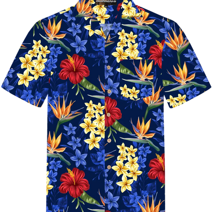 Kortemouwhemd met blauwe tropische bloemenprint en knoopsluiting
