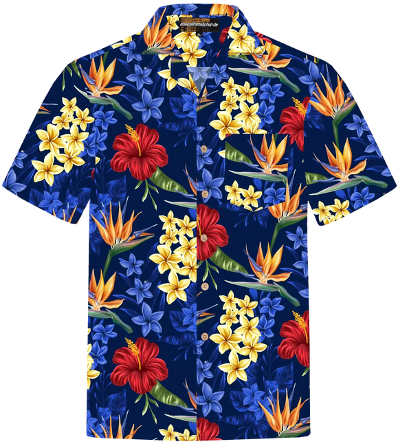 Kurzarmhemd mit blauem Tropenblumen-Print und Knopfleiste