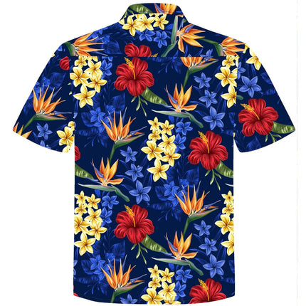 Kortemouwhemd met tropische bloemenprint in blauw, geel en rood, volledig doorknoopbaar
