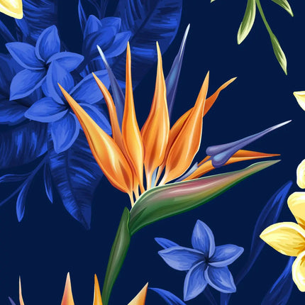 Detail: oranje bloem met gele punten tussen blauwe bladeren