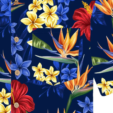 Oppervlaktezicht: tropische print met bloemen en knopen aan de voorkant
