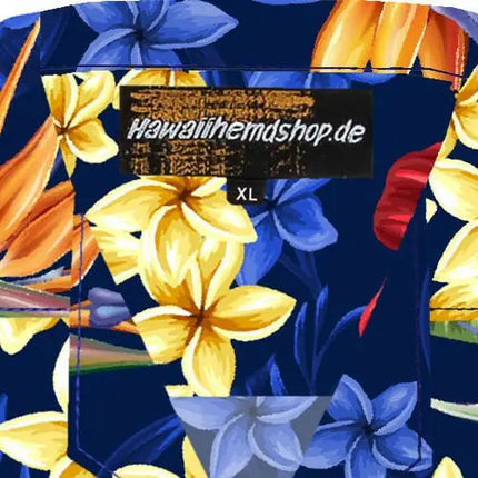 Kleurrijk zomerhemd met blauwe ondergrond en geel-blauw bloemenmotief