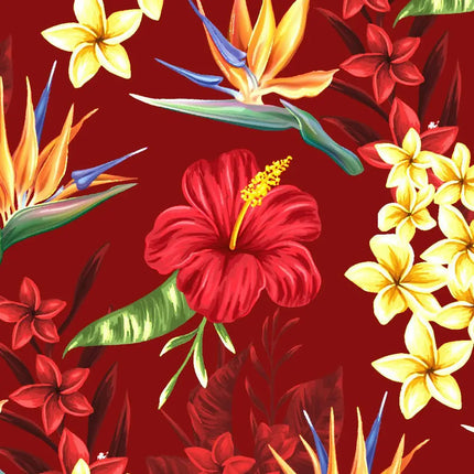 Close-up: rood overhemd met grote rode bloemen, gele orchideeën en oranje bladeren