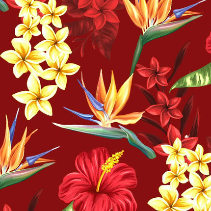 Close-up: rood overhemd met gele bloemen, rode accenten en oranje aronskelken