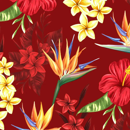 Close-up: stofpatroon van een rood overhemd met gele orchideeën, rode bloemen en groene bladeren
