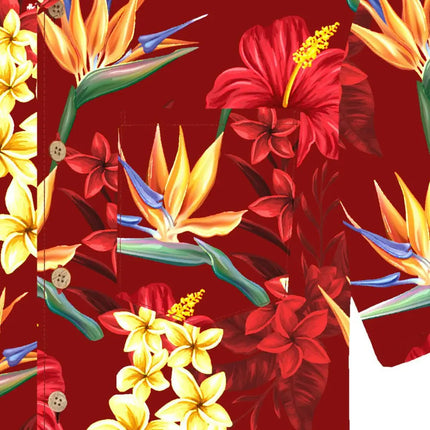 Stofdetail bij de zoom: rood overhemd met knopen en tropische plantenprint