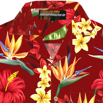 Overhemd met korte mouwen en V-hals, label ‘hawaiihemdshop.de’, rood patroon met tropische bloemen