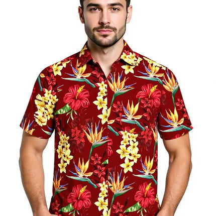 Rood overhemd met korte mouwen en een kleurrijk bloemenpatroon