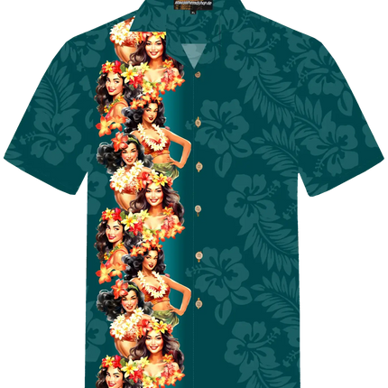 Kurzes Hawaiihemd, petrolblau, durchgehendes Blumenmädchen-Motiv mit Knopfleiste