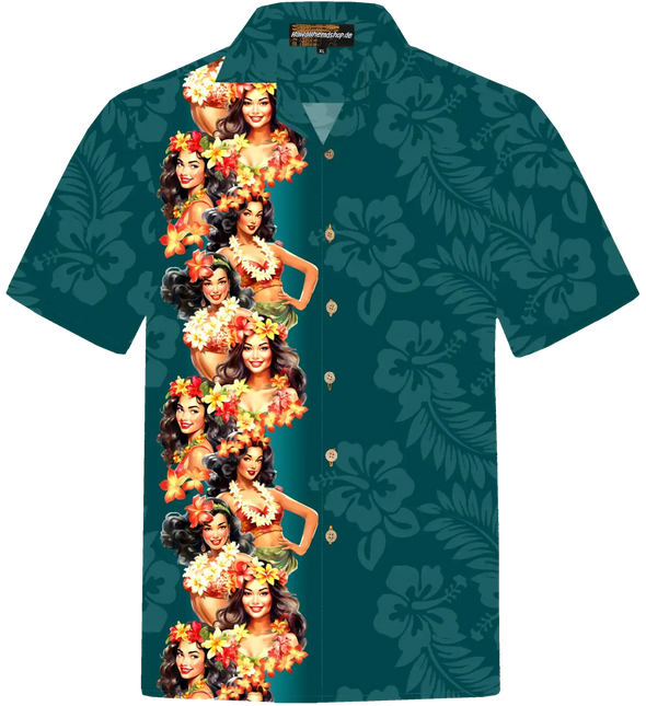 Kurzes Hawaiihemd, petrolblau, durchgehendes Blumenmädchen-Motiv mit Knopfleiste