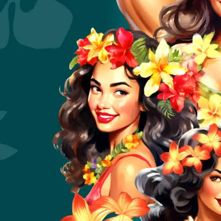 Hawaiihemd-Design: Porträt einer Frau mit Blumenkranz und bunten Blüten