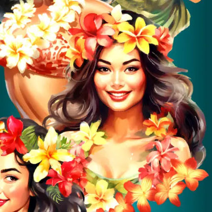 Hawaiihemd-Design: Frau mit Blumenkranz, umgeben von leuchtenden Tropenblumen