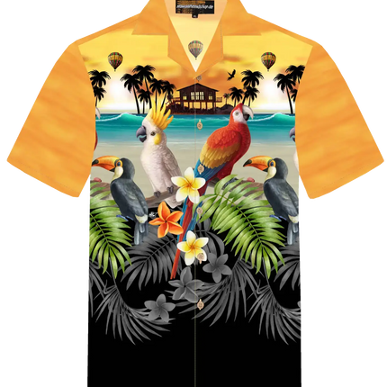 Hawaiihemd mit kurzen Ärmeln, orange, Allover-Print mit Kakadus und Dschungelblumen