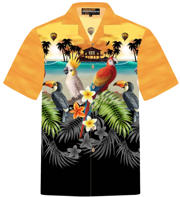 Hawaiihemd mit kurzen Ärmeln, orange, Allover-Print mit Kakadus und Dschungelblumen