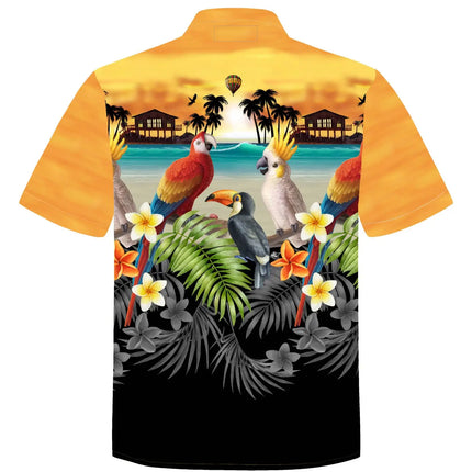 Hawaiihemd Rückansicht, orange, kurzer Arm, großer Print mit Vögeln, Palmen und Blumen