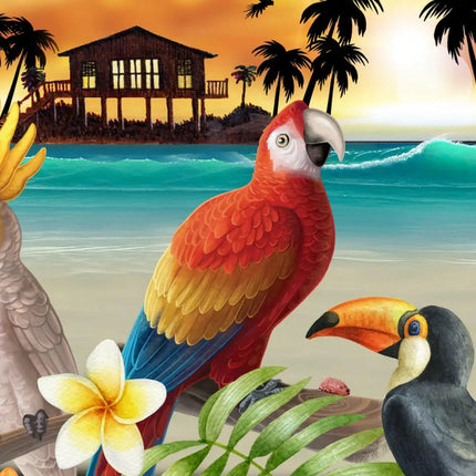 Hawaiihemd-Detail: roter und weißer Kakadu sowie grauer Vogel auf Tropenmotiv