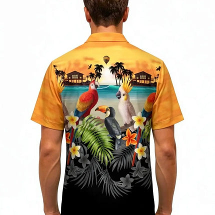 Herren-T-Shirt gelb-orange, Rückansicht: Papageien, Palmen und Blumen-Print