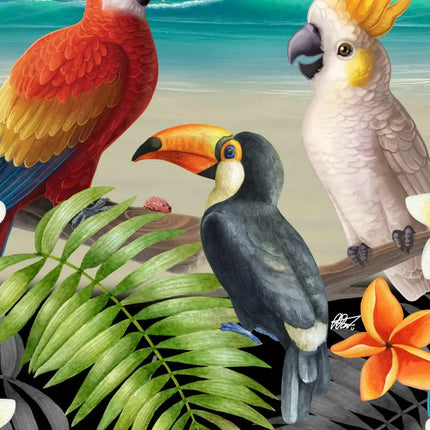 Hawaiihemd-Detail: roter Kakadu, grauer Vogel und weißer Kakadu neben Palmenblättern