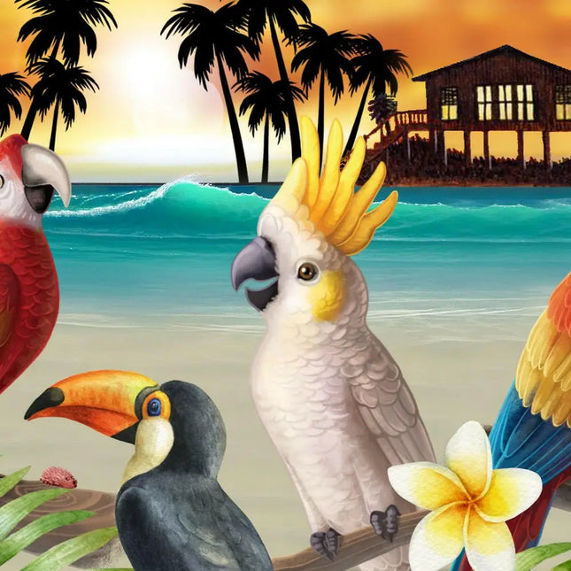Hawaiihemd-Detail: drei Vögel auf Tropenstrand-Motiv mit Palmen und Sonnenuntergang-Farbverlauf