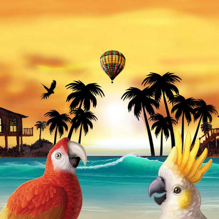 Hawaiihemd-Detail: orange Kakadu und weißer Kakadu mit Palmen vor Ballonmotiv