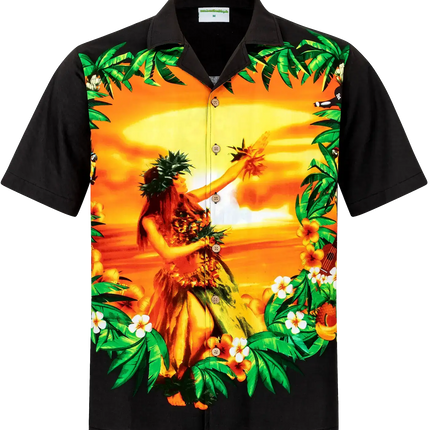 Schwarzes Kurzarmhemd mit Hawaii-Print, Knopfleiste und Kragen