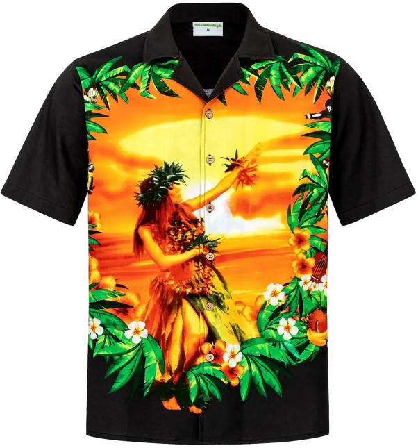 Schwarzes Kurzarmhemd mit Hawaii-Print, Knopfleiste und Kragen