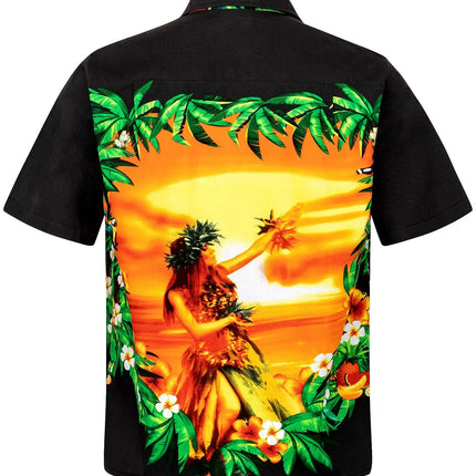 Schwarzes Kurzarmhemd mit Rückseiten-Hawaii-Print und Kragen