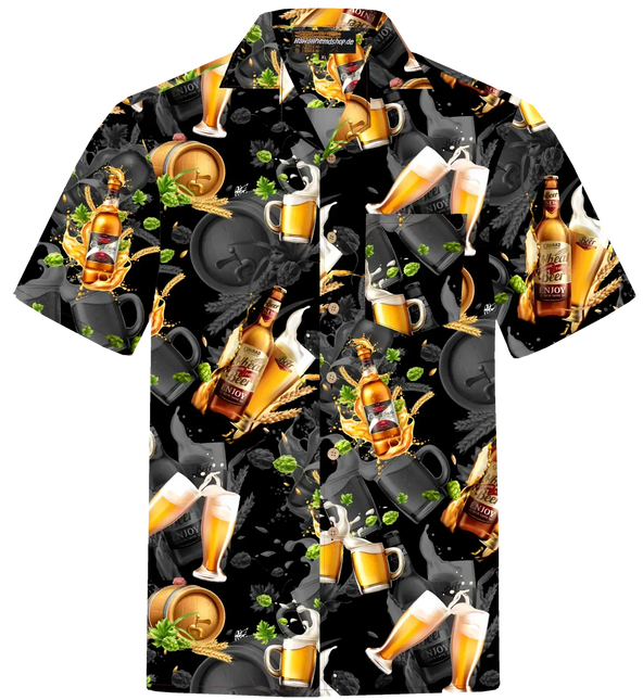 Kurzarmhemd, schwarz, mit Bierflaschen-, Bierkrug- und Kleeblatt-Print