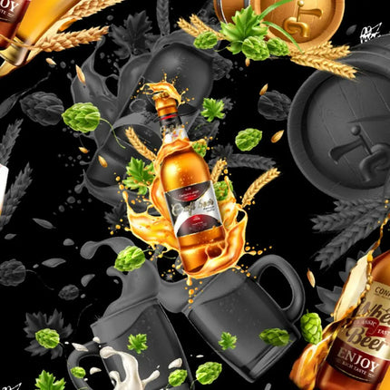 Nahaufnahme: schwarzer Stoff mit goldenem Bierflaschenmotiv, Deko-Blättern und Blättern